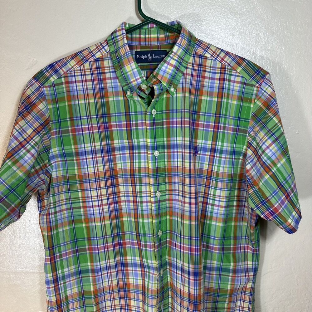 Ralph Lauren Men’s Madras Short Sleeve Button Up Shirt Green Plaid Large